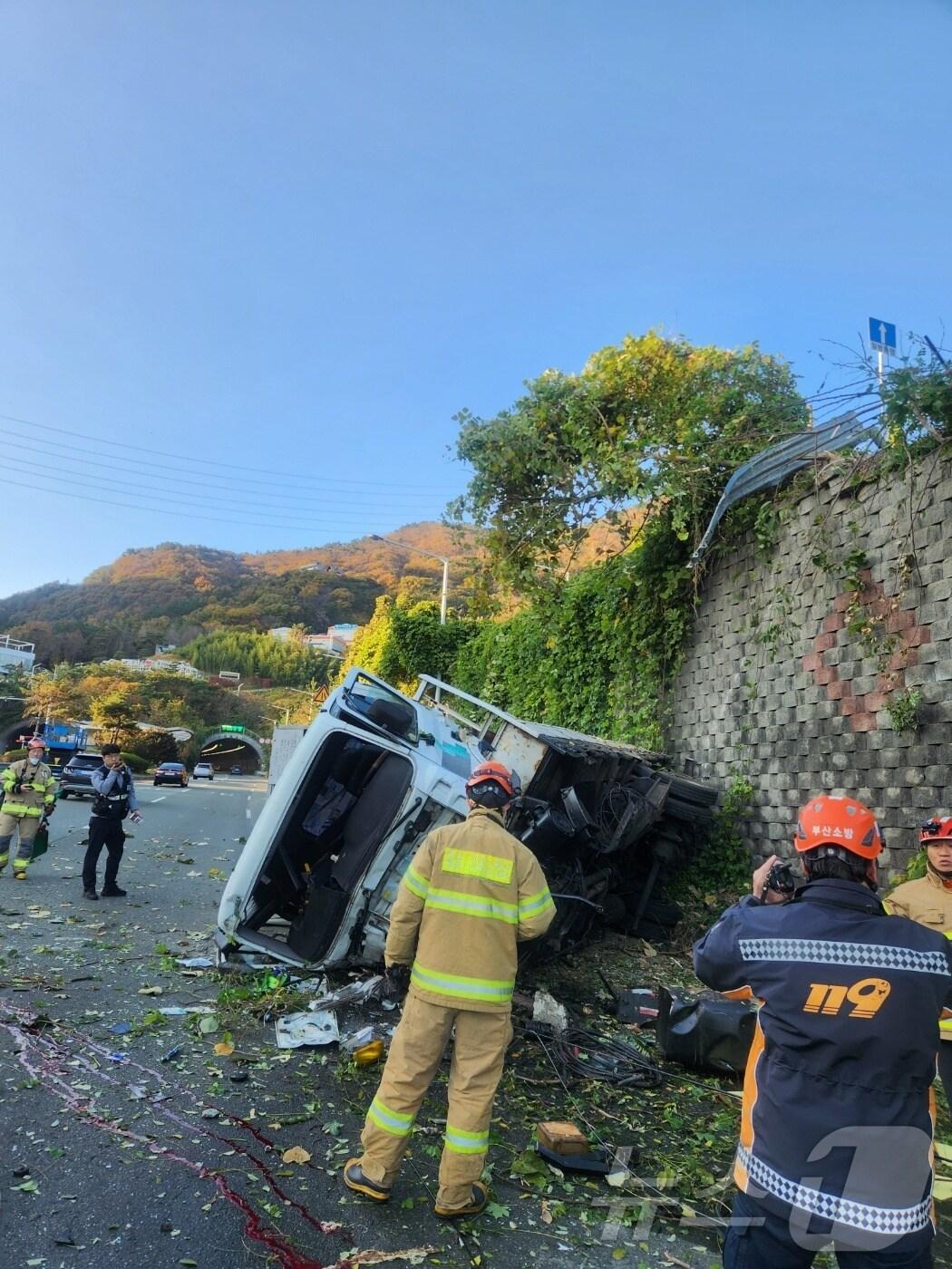 본문 이미지 - 25일 오전 119구조대원이 부산 기장군 차량 추락 사고 현장에서 사고를 수습하고 있다.2025.11.25.(부산소방재난본부 제공)