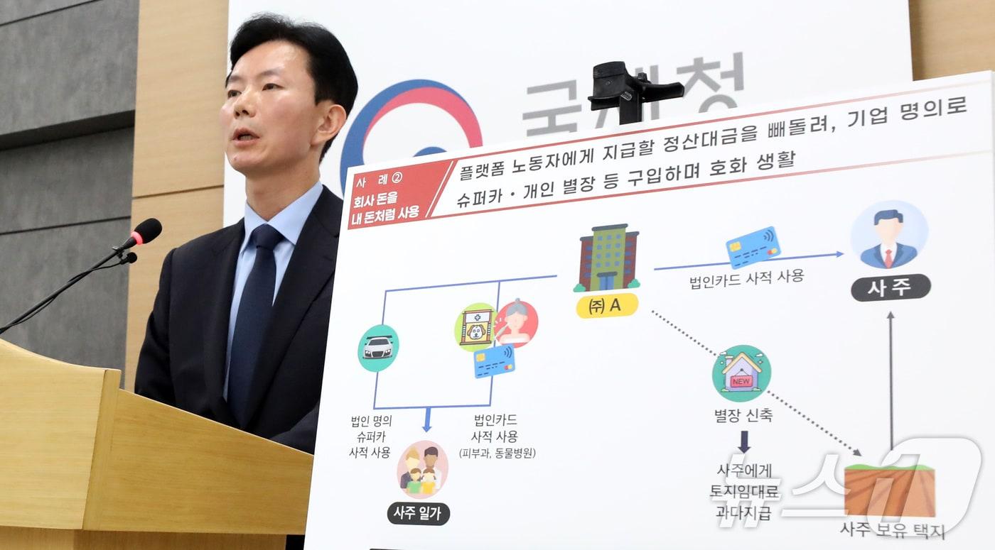 본문 이미지 - 민주원 국세청 조사국장이 27일 세종시 정부세종청사에서 사주일가의 불공정 탈세행위에 대한 세무조사 내용을 발표하고 있다. 2024.11.27/뉴스1 ⓒ News1 김기남 기자