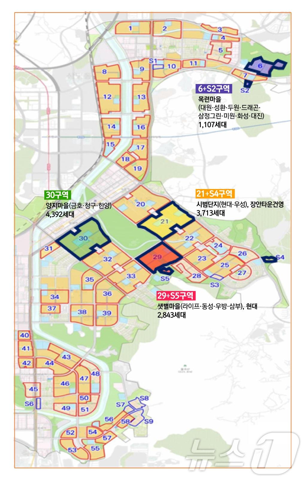 본문 이미지 - 경기 성남시 분당신도시 선도지구에 선정된 단지 배치도.(성남시 제공)/