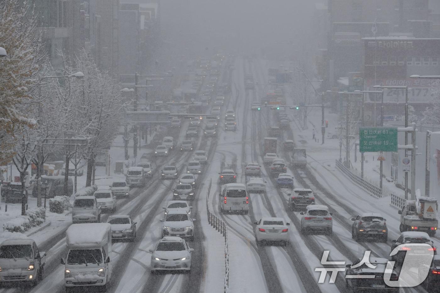 전국 곳곳에 최대 20㎝ 이상의 많은 눈이 내린 경기 수원시 팔달구 경수대로 일대에서 차량이 서행하고 있다. 뉴스1 ⓒ News1 김영운 기자