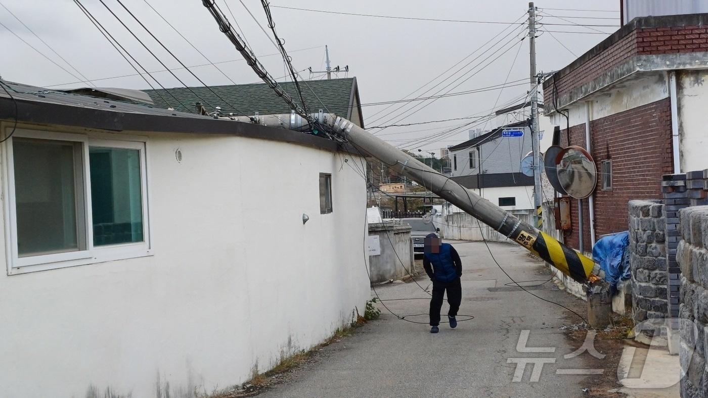 본문 이미지 - 전북자치도 익산시 신용동에서 강풍에 전신주가 쓰러진 모습(전북소방본부 제공) ⓒ News1 장수인 기자
