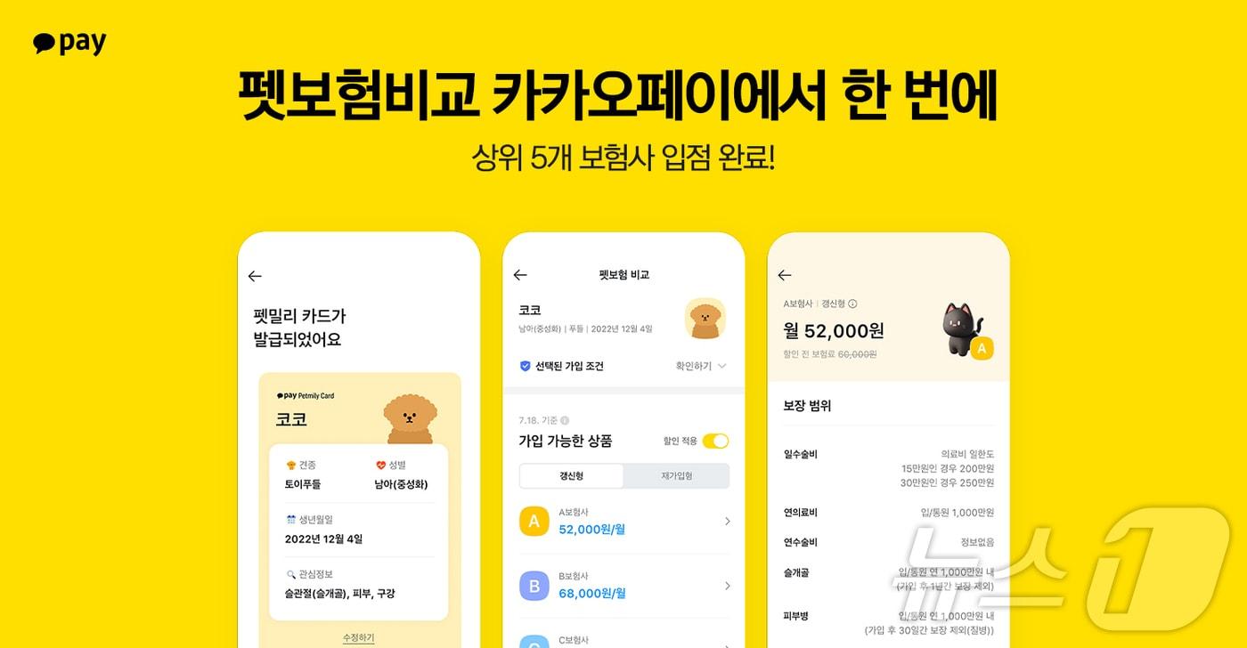 본문 이미지 - 카카오페이는 반려동물을 위한 보험 상품을 한눈에 살펴볼 수 있는 ‘펫보험 비교 서비스’에 메리츠화재가 입점한다고 28일 밝혔다./사진제공=카카오페이
