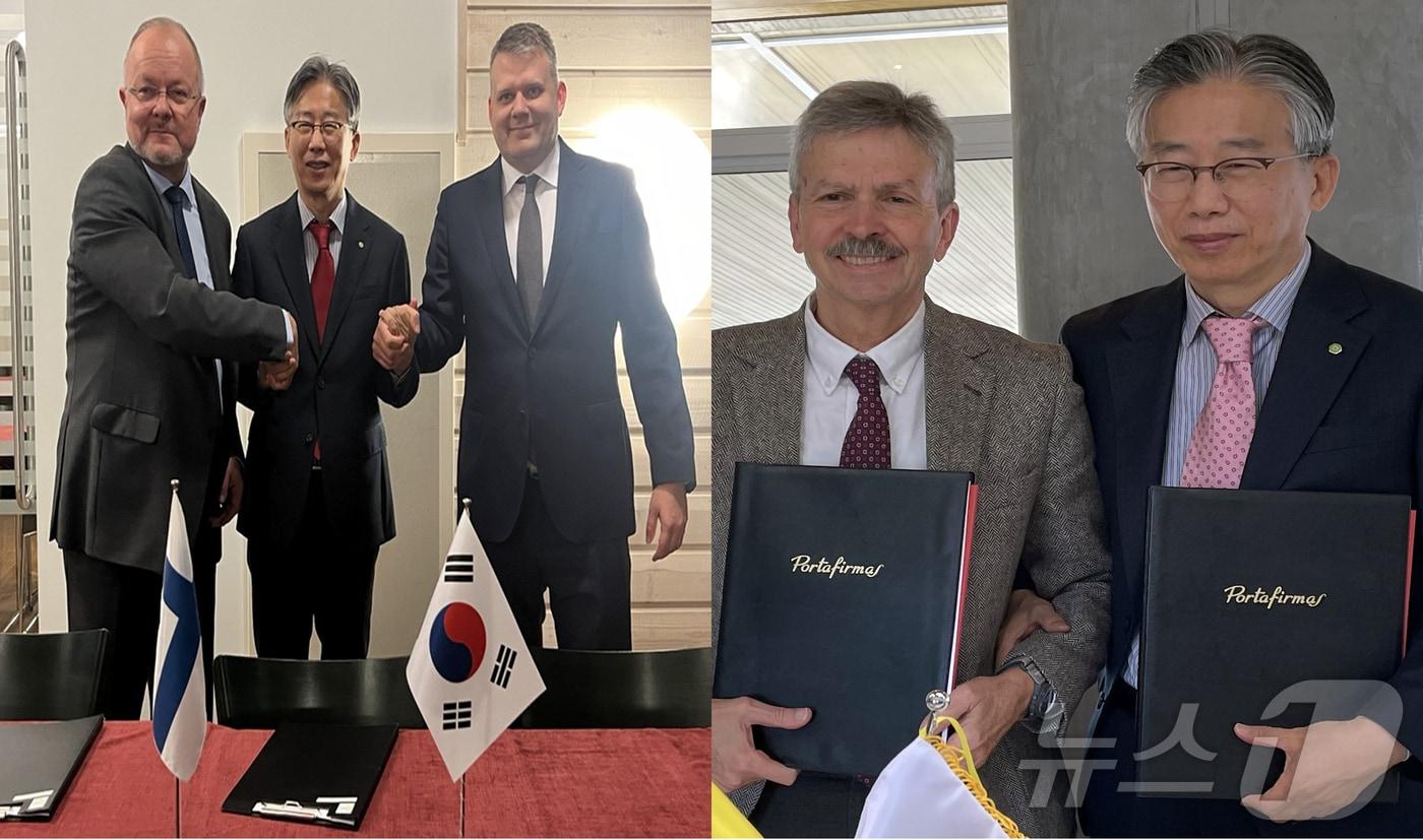 본문 이미지 - 한국원자력환경공단(이사장 조성돈)은 핀란드(POSIVA) 및 스페인(ENRESA 오른쪽)과 사용후핵연로 처분사업 기관과 방폐물관리 협력 강화를 위한 업무협약을 체결했다고 28일 밝혔다. .(한국원자력환경공단제공0 204.11.28/뉴스1 