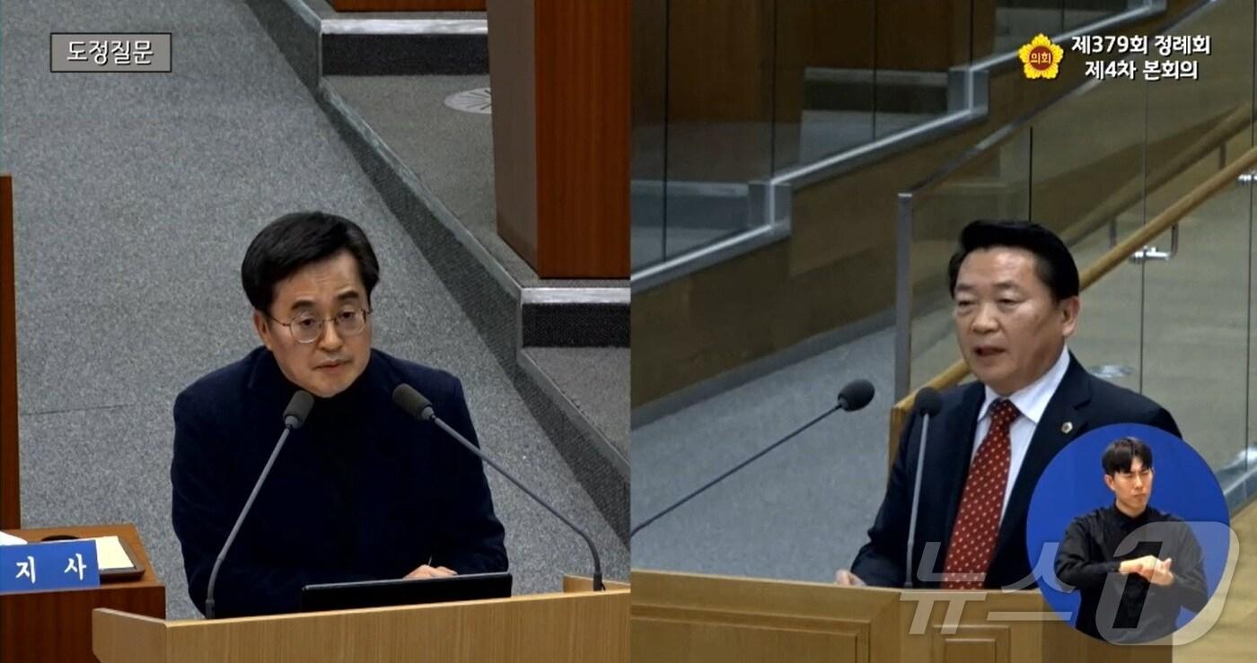 본문 이미지 - 방성환 경기도의회 의원(오른쪽)이 28일 김동연 경기도지사를 상대로 한 도정질문에서 ‘농민기본소득’의 ‘농어민기회소득’ 통합에 의구심을 표시했다.(경기도의회 생중계)