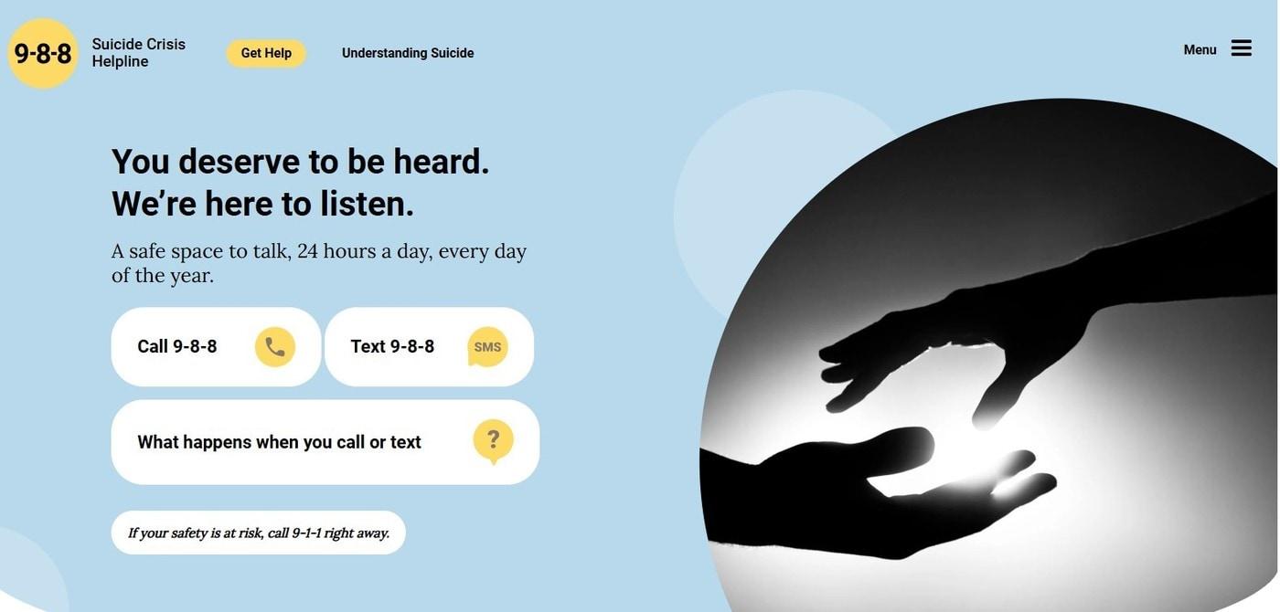 캐나다의 자살 예방 핫라인 988 공식 홈페이지 화면. 이 서비스는 위기 상황에 처한 이들이 9-8-8을 눌러 전화로 도움을 요청하면 실시간 지원을 제공하며, 중요한 역할을 하고 있다. 2024. 11.28/&lt;출처: 988: Suicide Crisis Helpline 홈페이지&gt;