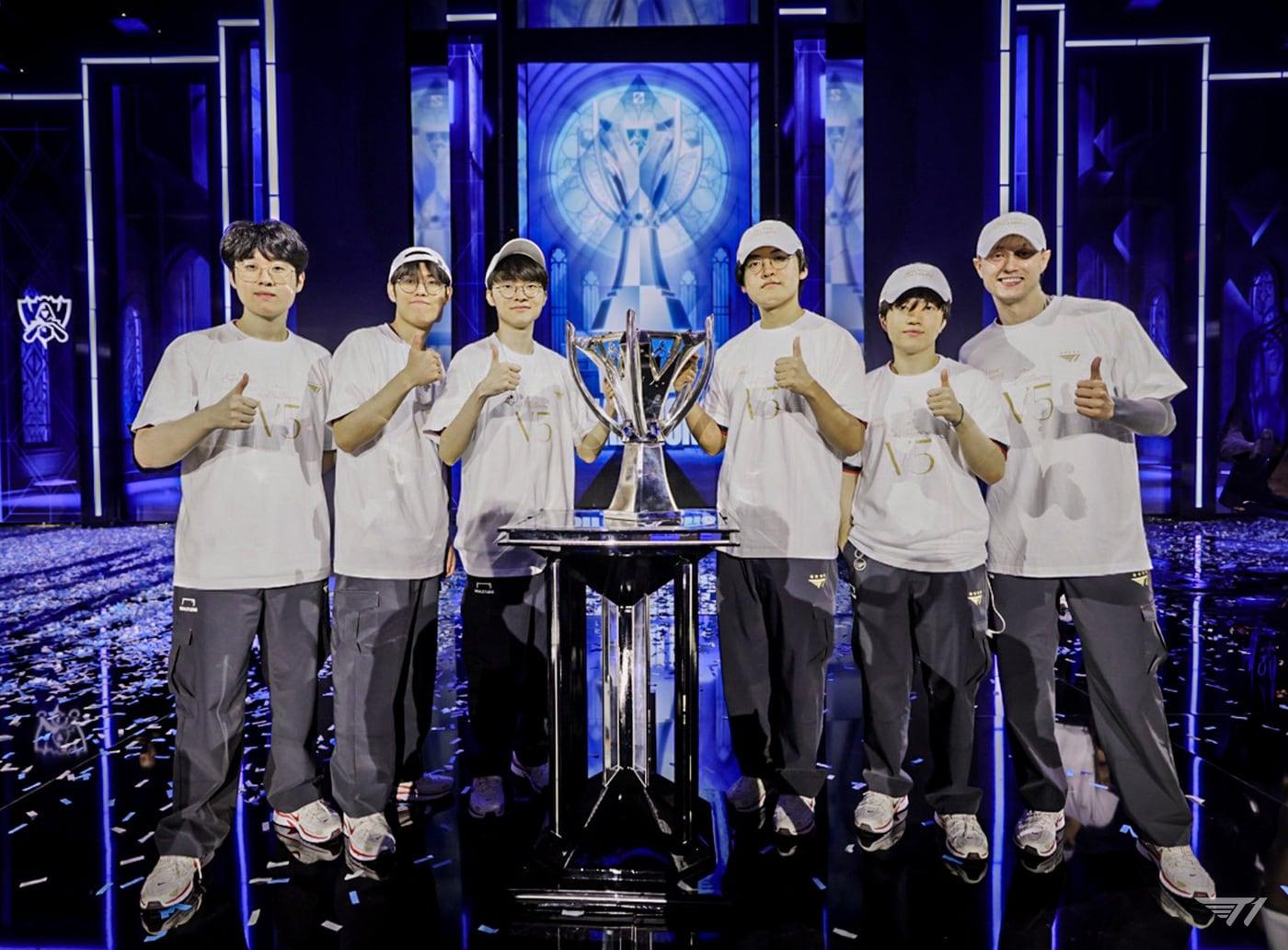 본문 이미지 - 3일(한국시간) 새벽 영국 런던 O2 아레나에서 T1이 중국 리그 소속 빌리빌리 게이밍을 꺾고 2024 롤 월드 챔피언십에서 최종 우승했다. (SKT 제공)