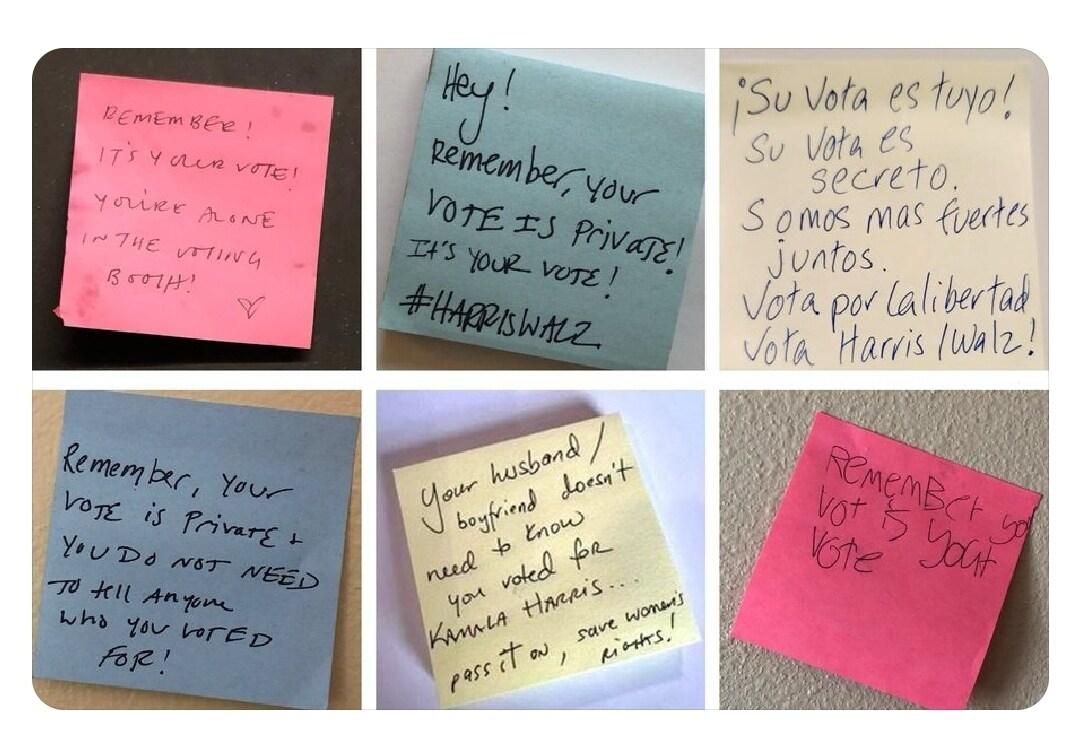 본문 이미지 - 미국 대선이 코앞으로 다가온 가운데 여성 화장실 등 다양한 장소에서 '당신의 남편이나 남자친구가 해리스를 찍는 당신의 투표를 알 필요는 없다'와 같은 내용의 글들이 쪽지로 나붙고 있다고 워싱턴포스트(WP)가 3일(현지시간) 보도했다. (사진은 엑스(X·옛 트위터) 갈무리) 2024.11.3/뉴스1
