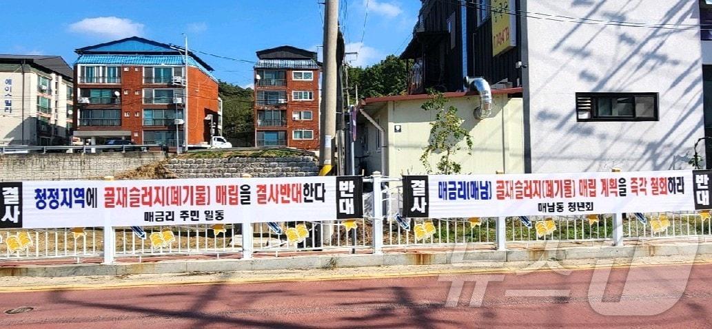 본문 이미지 - 충북 영동군 용산면 매금리 주민들이 골재슬러지 매립을 반대하는 현수막을 거리 곳곳에 내걸었다. /뉴스1 