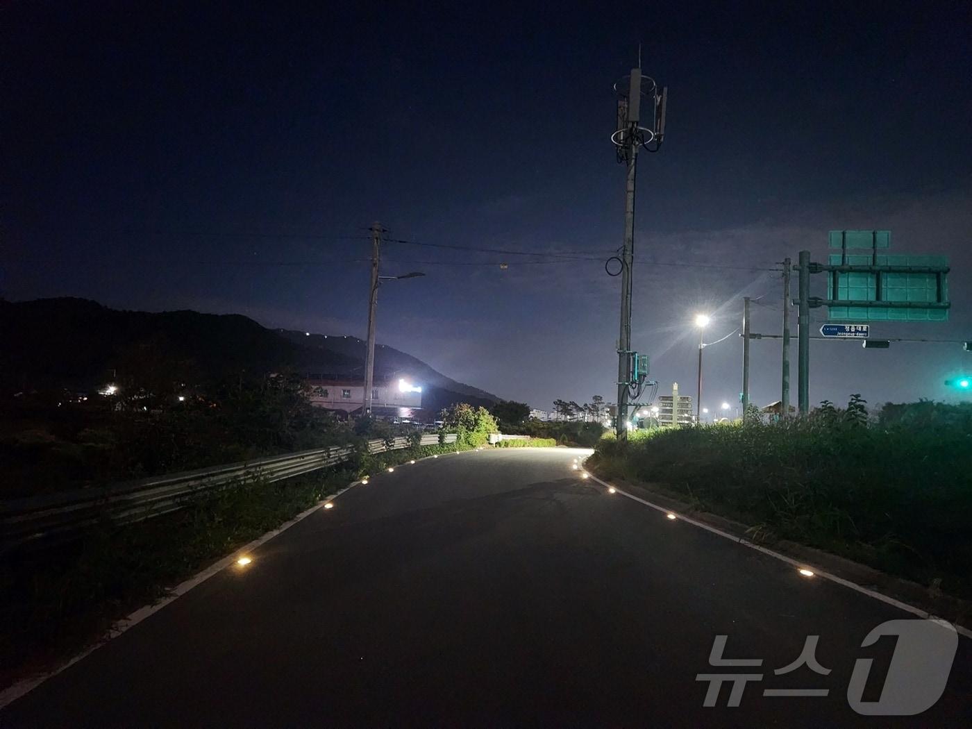 본문 이미지 - 정읍시가 내장상동 송학마을 인근 1.2㎞ 구간에 주민 안전을 위해 태양광 LED 도로표지병을 설치했다.&#40;정읍시  제공&#41;2024.11.6/뉴스1 