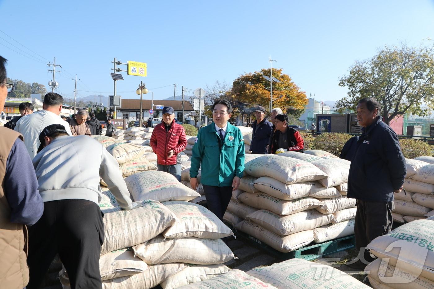 본문 이미지 - 7일 황규철 옥천군수가 올해산 공공비축미 매입 현장을 둘러보고 있다. (옥천군 제공) /뉴스1