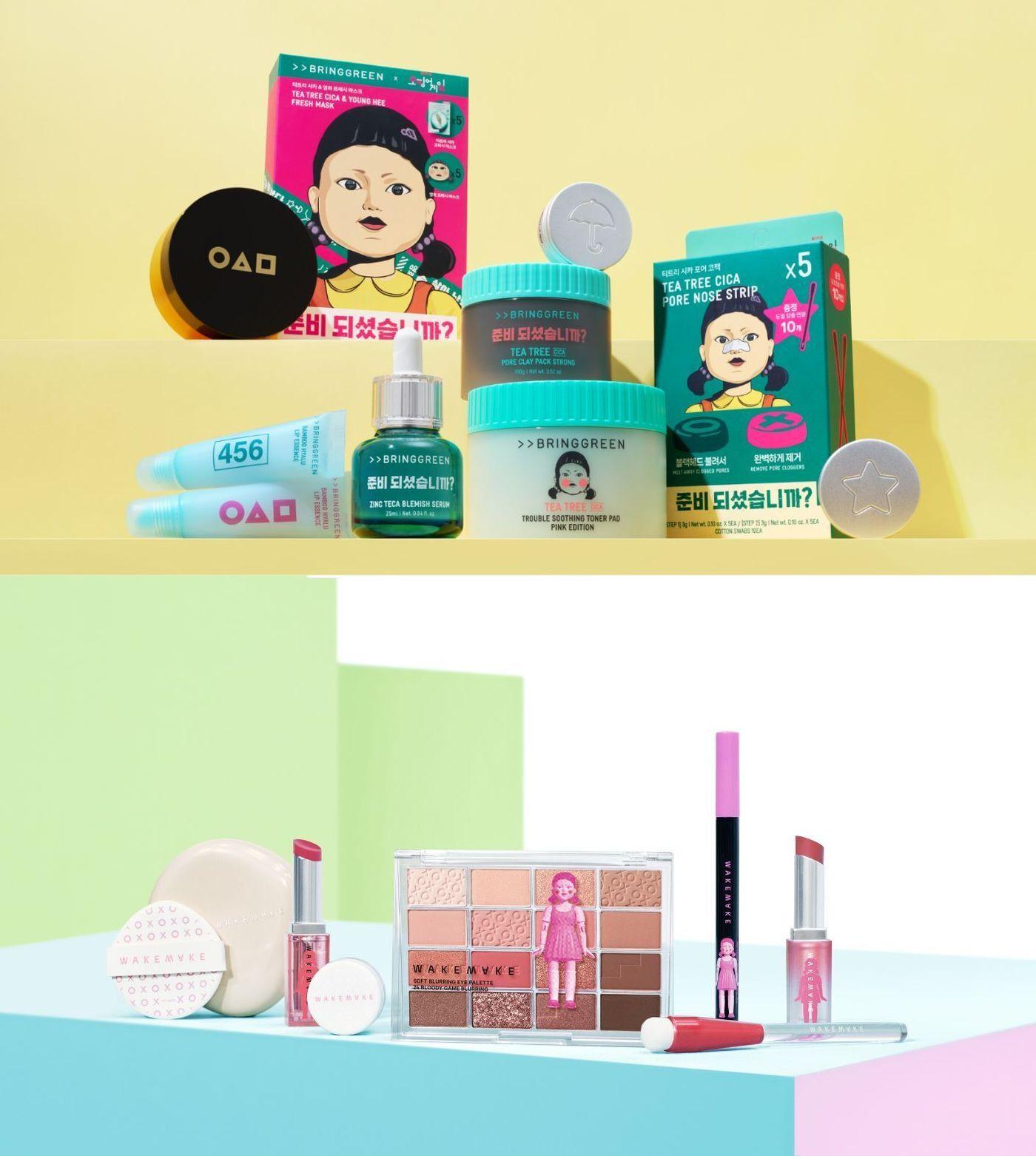 본문 이미지 - K뷰티 브랜드 브링그린과 웨이크메이크가 각각 출시한 오징어 게임 컬래버 에디션 대표 이미지&#40;CJ올리브영 제공&#41;.