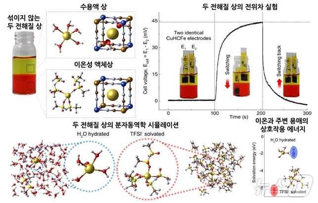 본문 이미지 - 섞이지 않는 두 전해질에서 전기 에너지 생성 및 원리.&#40;KAIST 제공&#41;/뉴스1