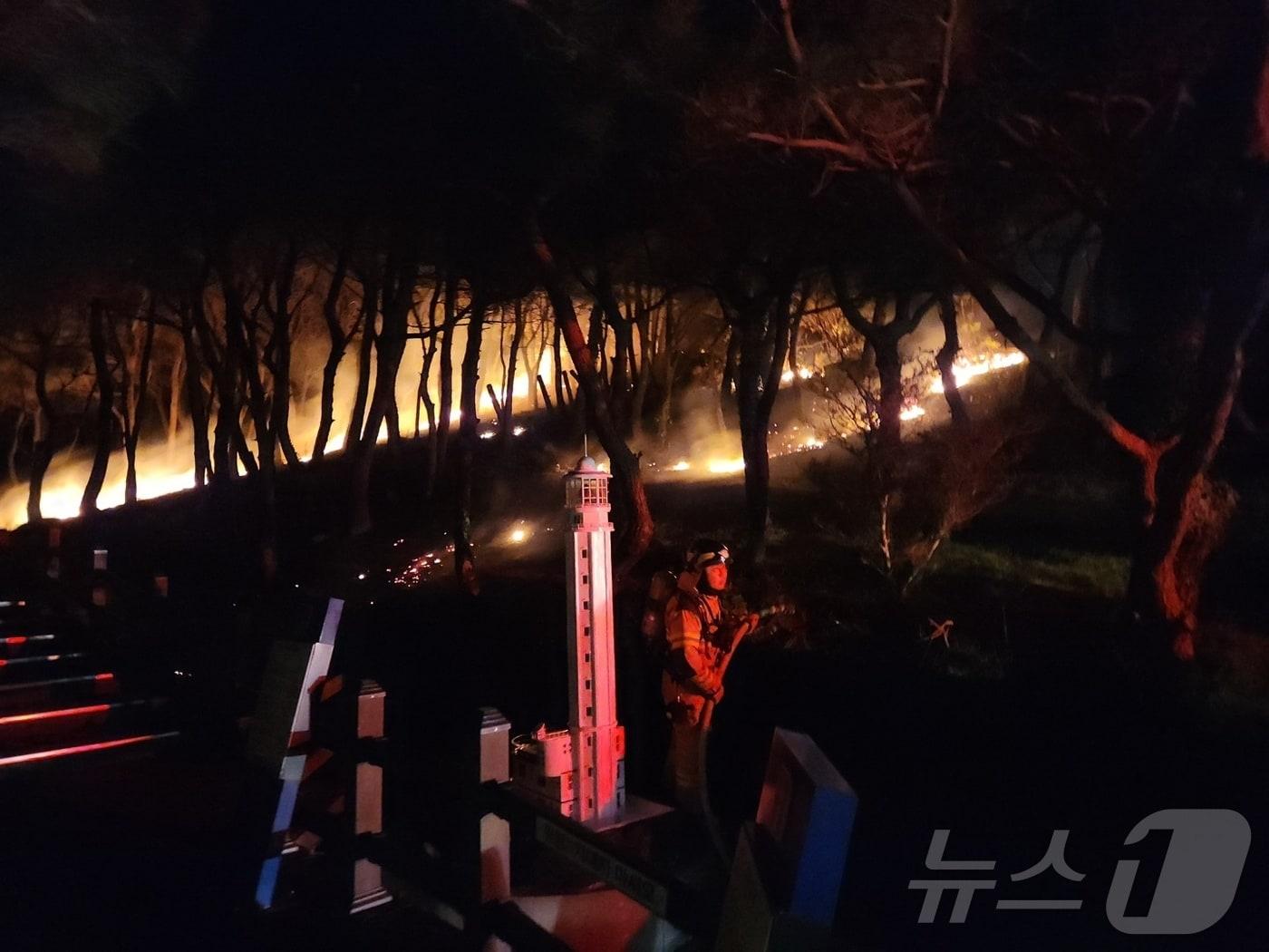 본문 이미지 - 12일 0시4분 쯤 제주시 우도면 연평리 등대 인근 야초지에서 불이 나 소방이 화재 진압에 나서고 있다.(제주소방안전본부 제공)