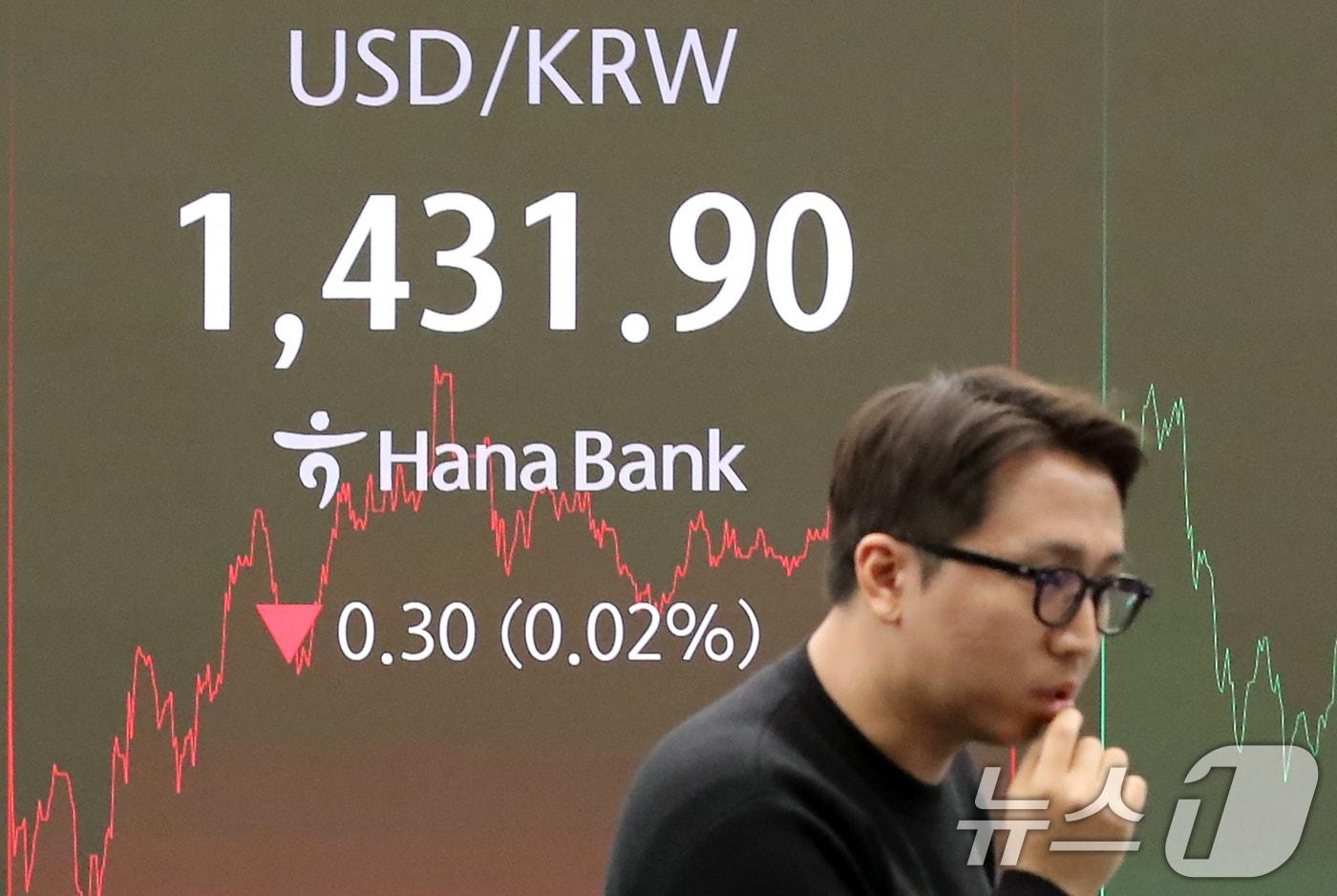 서울 중구 하나은행 본점 딜링룸 전광판./뉴스1 ⓒ News1 박세연 기자