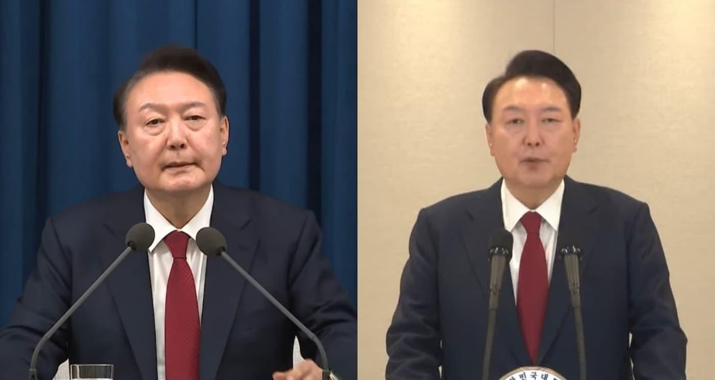 지난 3일 비상계엄 선포 당시 제1차 대국민담화문을 발표하는 윤석열 대통령의 모습(왼쪽), 비상계엄에 대한 입장을 밝힌 제4차 대국민담화 때의 모습(오른쪽). (KTV 갈무리)