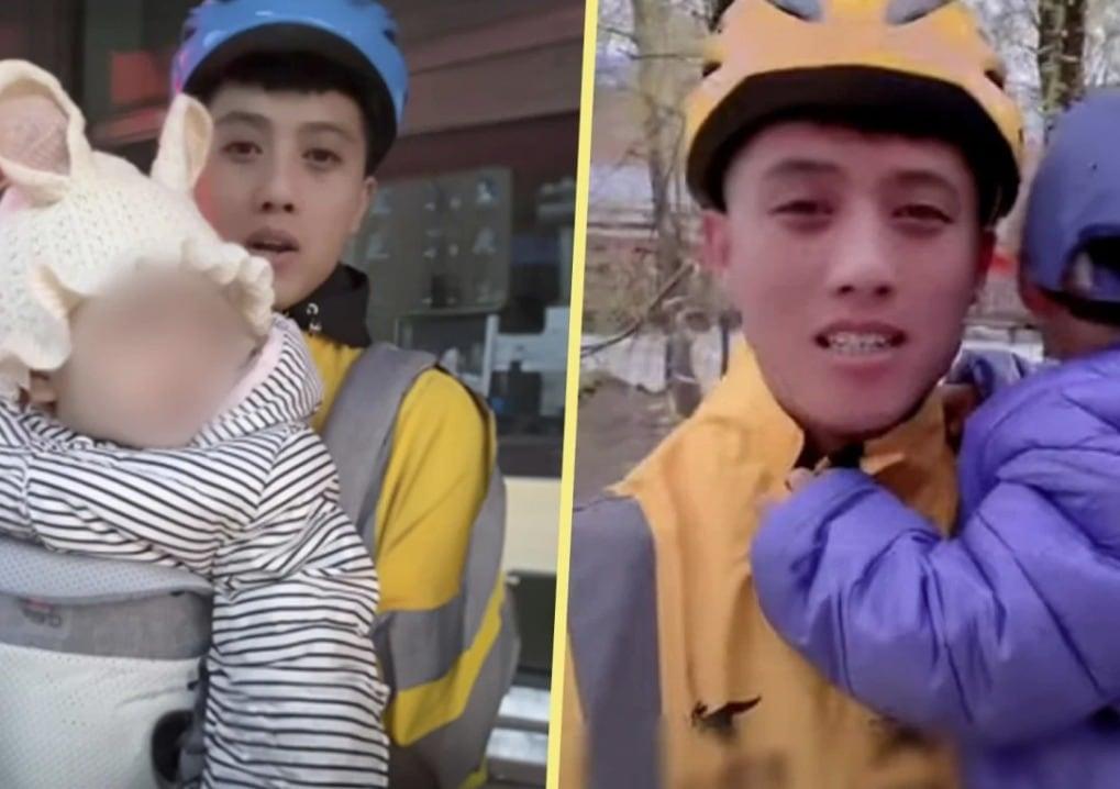 본문 이미지 - 혼자 딸을 업고 배달을 다닌다며 팔로워 40만 명을 모은 중국 남성. (사진은 SCMP 갈무리)