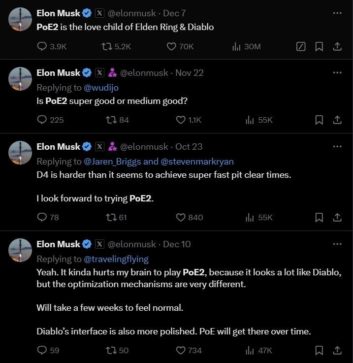 본문 이미지 - 일론 머스크가 엑스(X)에서 패스 오브 엑자일 2(POE2)를 향한 관심을 꾸준히 보이고 있다. (엑스 갈무리) 2024.12.13/뉴스1