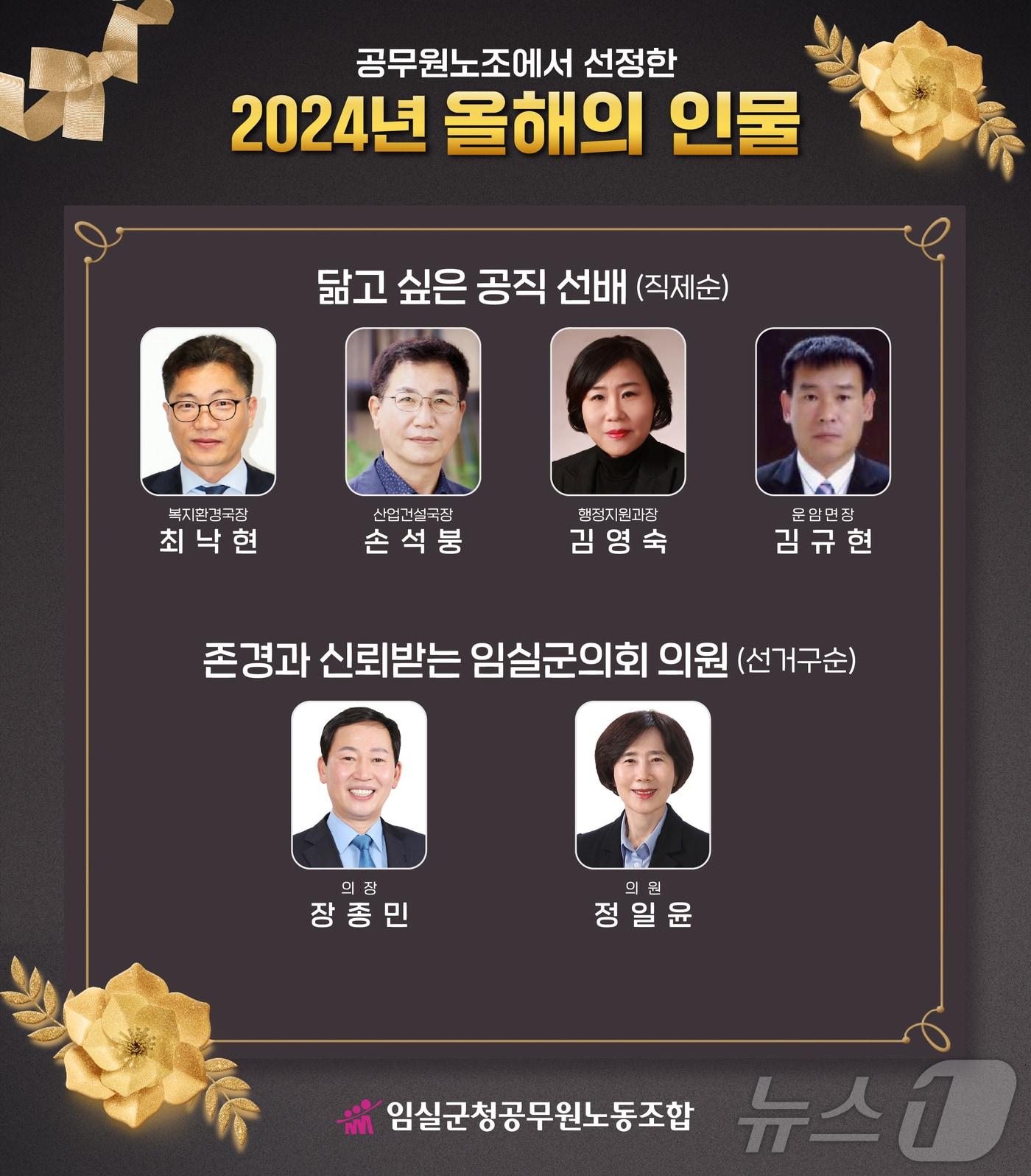 본문 이미지 - 전북자치도 임실군청 공무원노동조합이 ‘닮고 싶은 공직 선배’ 4명과 ‘존경과 신뢰받는 군의회 의원’ 2명을 올해의 인물로 선정했다.(임실군제공)2024.12.16/뉴스1