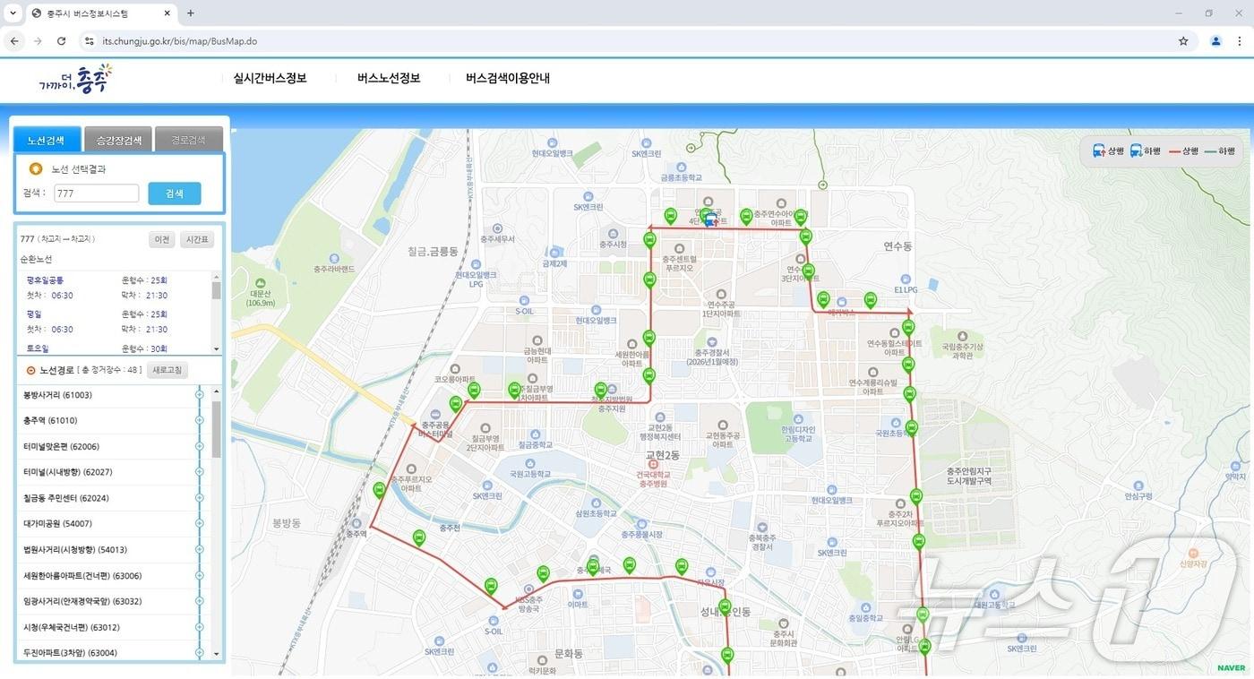 본문 이미지 -  19일 충북 충주시는 2025년에 초정밀 버스정보시스템을 구축한다고 밝혔다. 사진은 버스 정보 누리집.(충주시 제공)/뉴스1