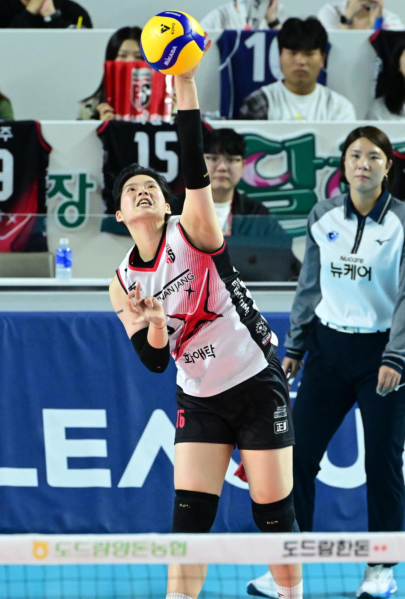 본문 이미지 - 정관장의 원 포인트 서버로 활약하고 있는 신은지(19). (KOVO 제공)