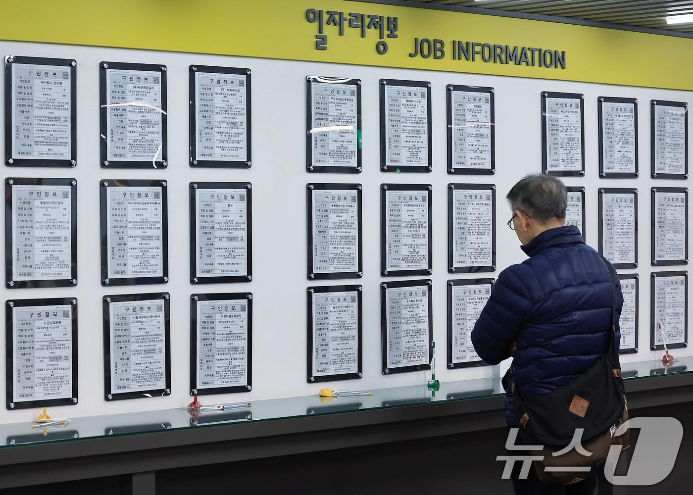 본문 이미지 - 2025 노인일자리 사업 신청이 시작된 2일 서울 마포구 마포대로 서울서부고용복지플러스센터를 찾은 구직자가 일자리 정보 게시판을 살펴보고 있다. 2024.12.2/뉴스1 ⓒ News1 박정호 기자