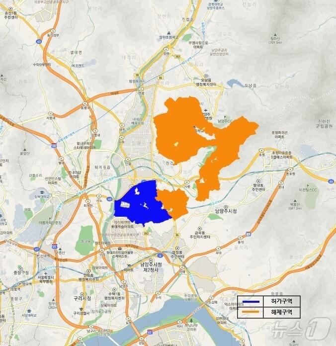 본문 이미지 - 남양주 왕숙지구 토지거래허가구역 관련 도면 좌측은 허가구역 지정, 우측은 허기구역 해제.