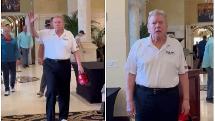 본문 이미지 - 18일(현지시간) 미국 플로리다주(州) 팜비치 골프클럽에 올백 헤어스타일로 등장한 도널드 트럼프 미 대선 당선인의 모습 갈무리. (출처 : @JSMills25 엑스계정) 2024.12.18/