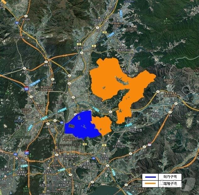 본문 이미지 - 남양주 왕숙지구 토지거래허가구역 지정(파란색 표시) 및 해제(노란색 표시) 도면.(경기도 제공)