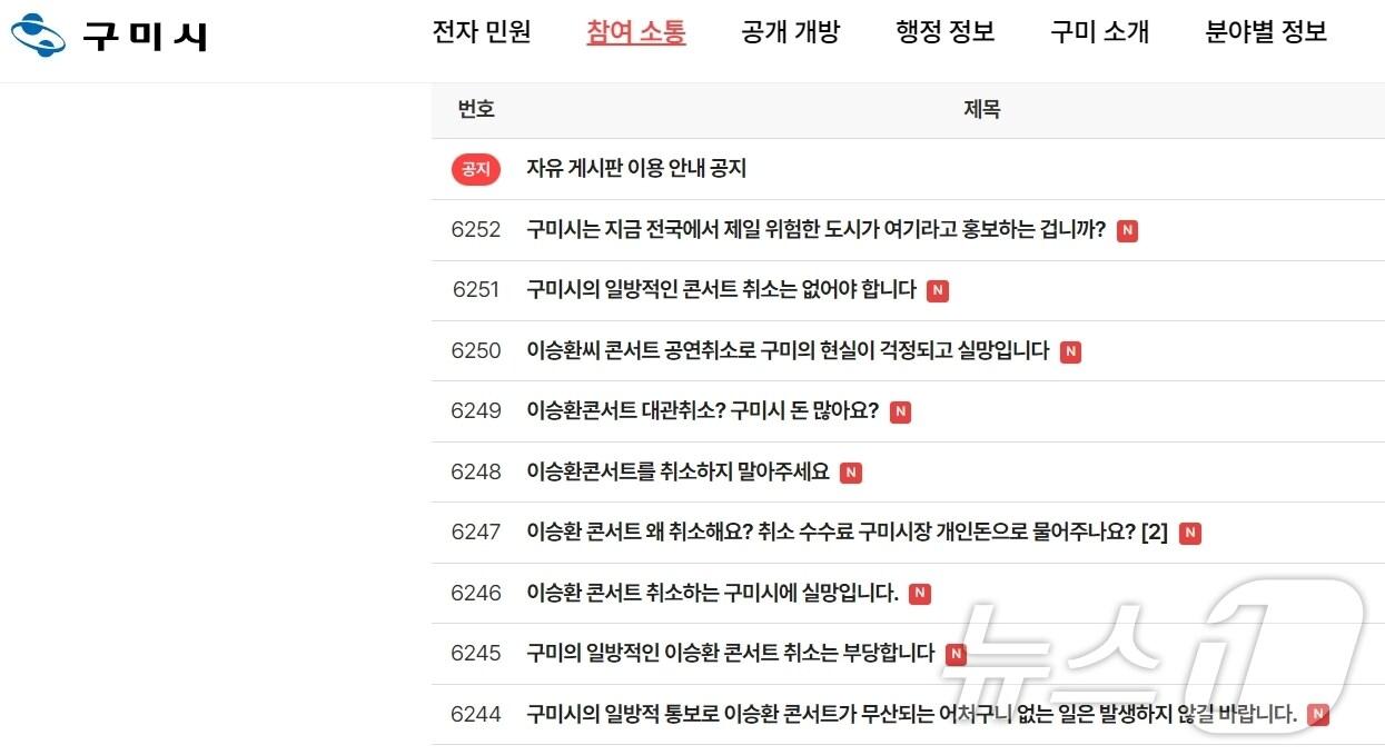 본문 이미지 - 구미시가 23일 '이승환 구미 공연 대관 취소' 결정을 내리자 구미시청 홈페이지에 '대관 취소 반대'를 요구하는 게시물이 쏟아졌다. /뉴스1