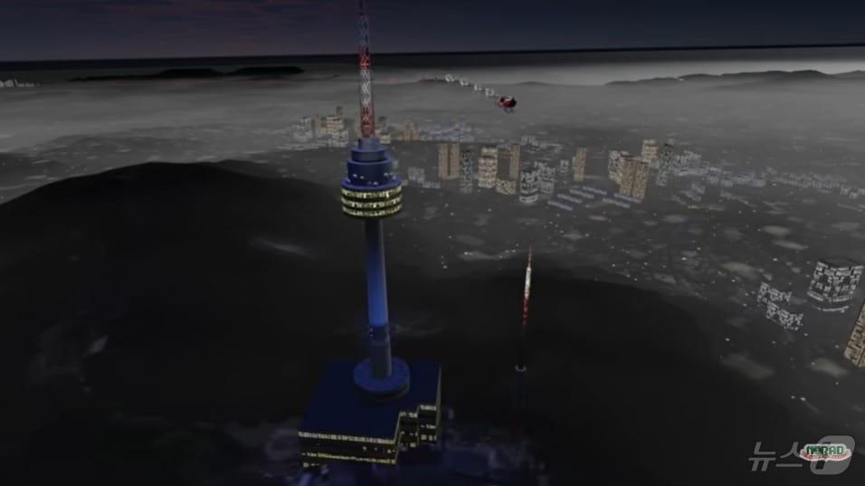 본문 이미지 - 북미항공우주방위사령부(NORAD)가 공개한 산타 실시간 위치 추적 경로에 따르면 산타는 24일 밤 11시24분께 한국을 방문했다. 서울타워를 한 바퀴 돌고 있는 산타의 모습.(NORAD 유튜브 갈무리).