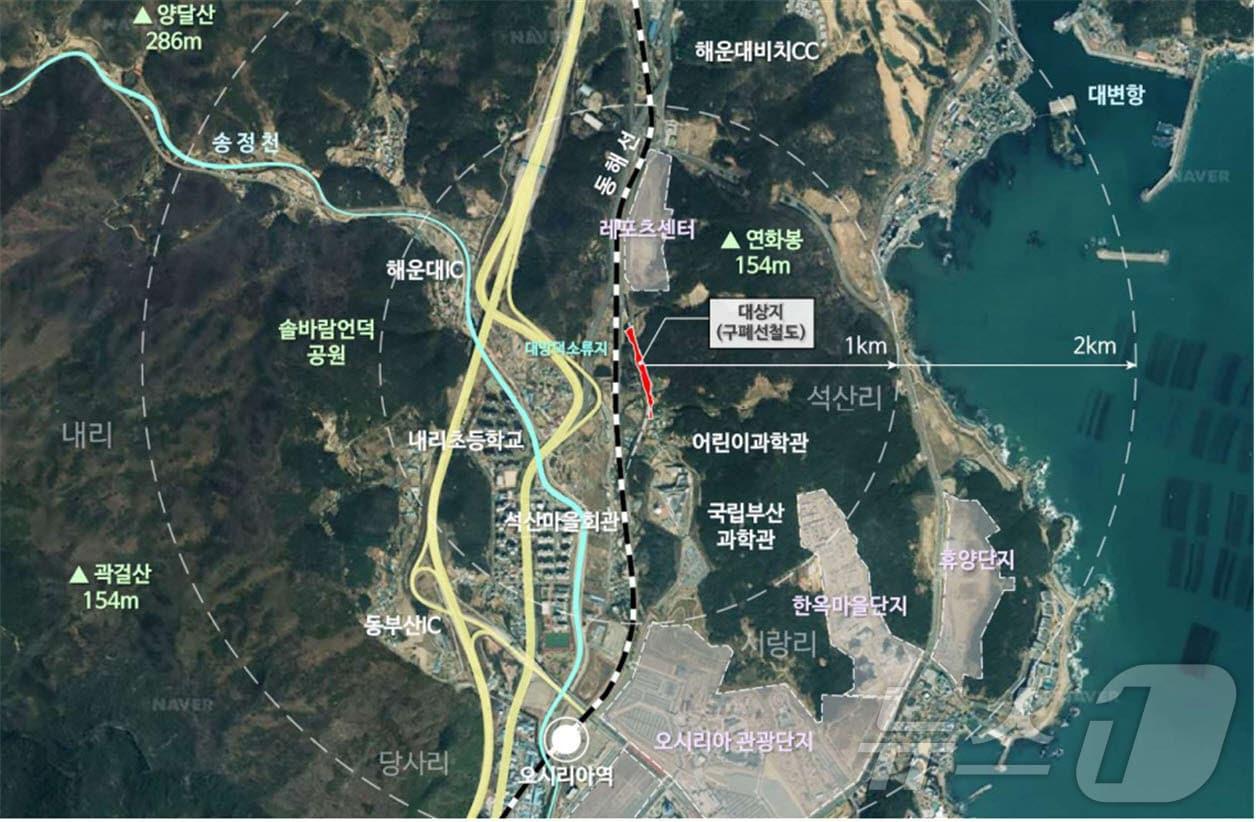 본문 이미지 - 기장읍 석산리 일원 탄소흡수형 생태계복원사업 위치도(기장군청 제공)