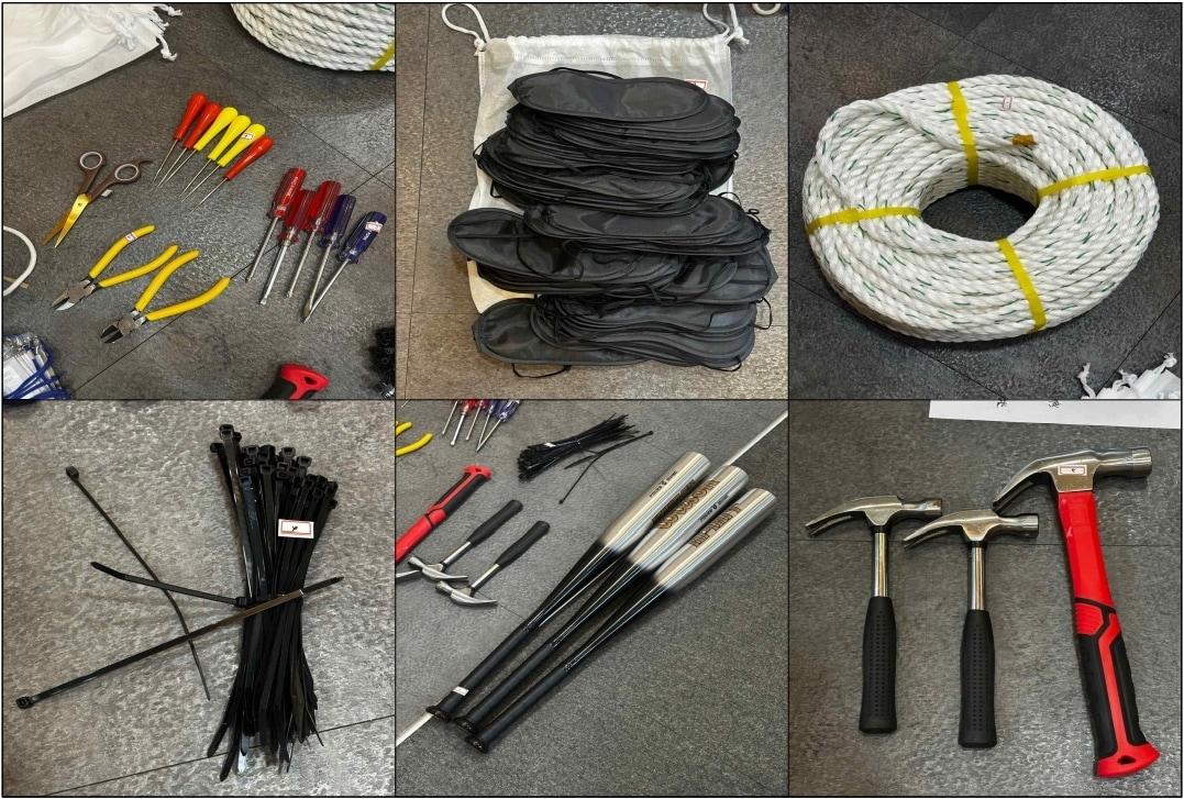 본문 이미지 - 중앙선거관리위원회 직원 체포조가 준비한 송곳, 안대, 포승줄, 케이블타이, 야구방망이, 망치 등 도구. (검찰 비상계엄 특별수사본부 제공)