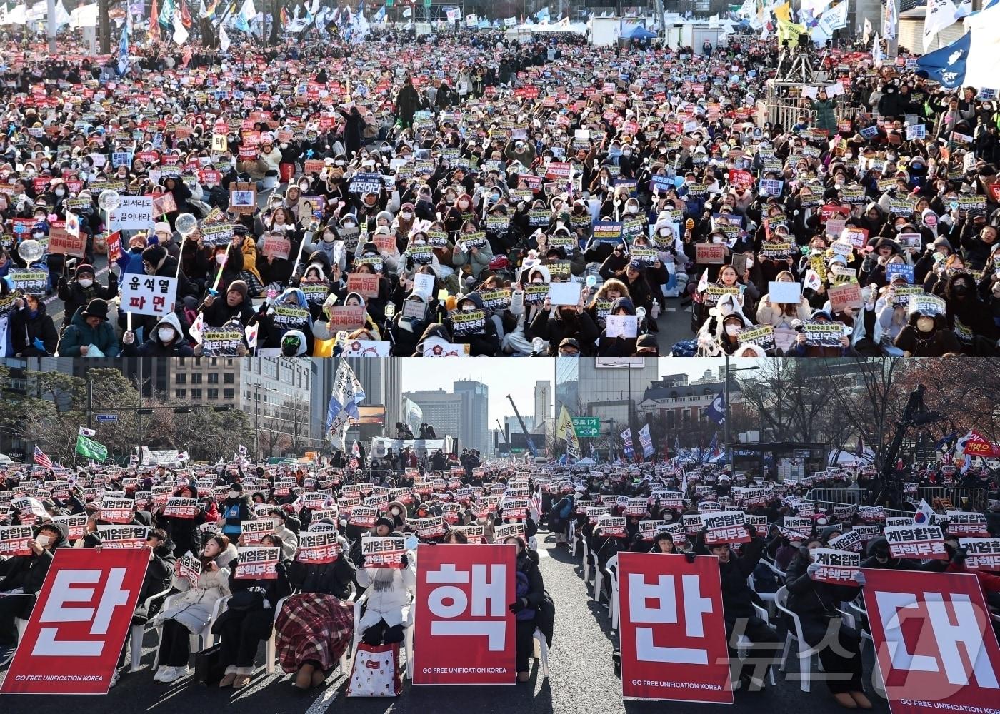 본문 이미지 - 28일 서울 도심 광화문 일대에서는 윤석열 대통령 탄핵을 촉구하거나 반대하는 대규모 집회가 열렸다. 사진은 경복궁 동십자각 인근에서 열린 '윤석열즉각퇴진·사회대개혁 비상행동' 주최 촛불집회(위)와 동화면세점 앞에서 열린 대한민국바로세우기국민운동본부 주최 대통령 탄핵 반대 자유민주주의 수호 광화문 국민혁명대회(아래). 2024.12.28/뉴스1 ⓒ News1 구윤성 기자,김도우 기자