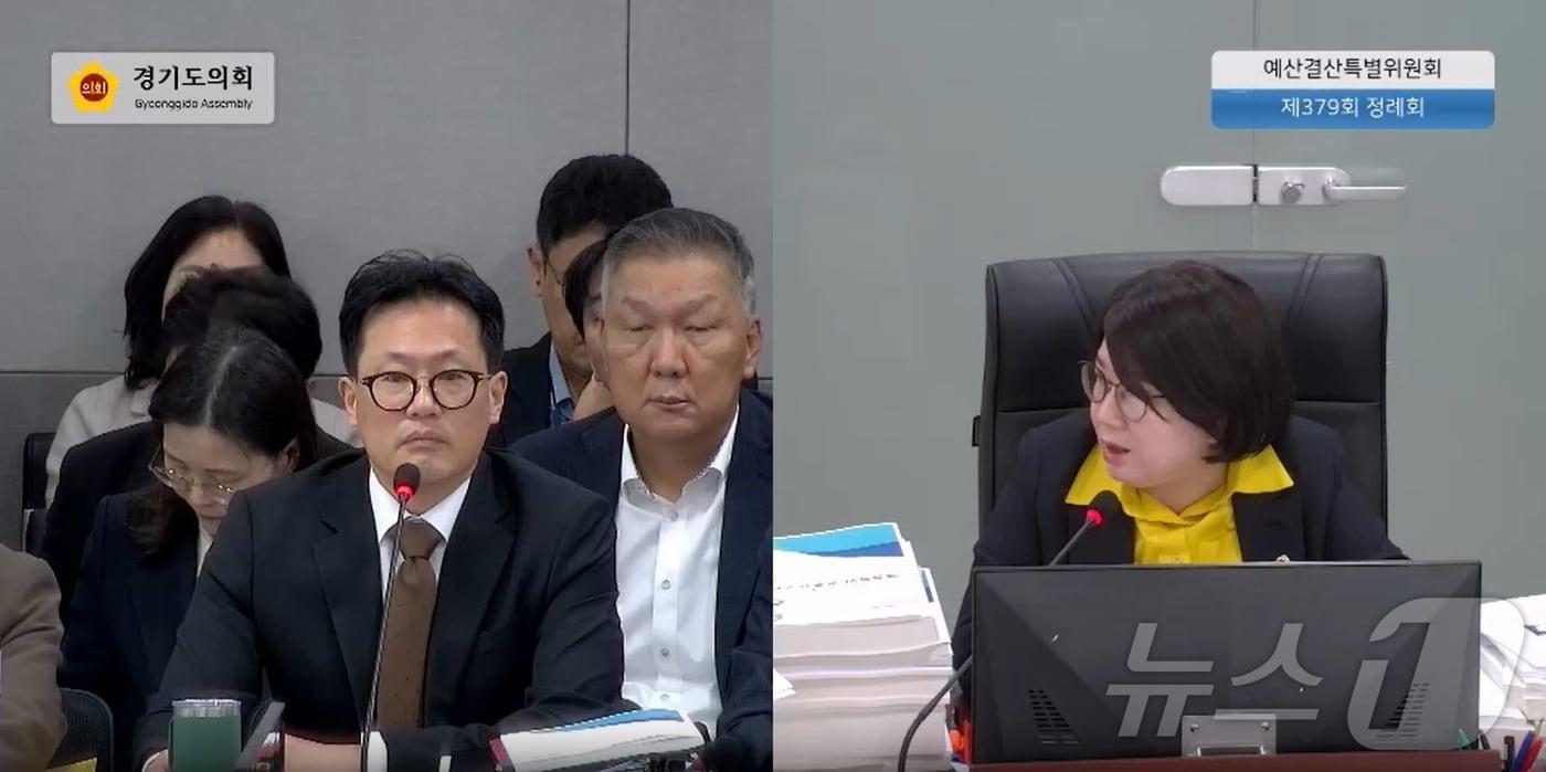 이서영 경기도의회 예산결산특별위원회 의원(오른쪽)이 3일 금철완 경기도청 노동국장을 상대로 새해 예산안에 담긴 ‘근로시간 단축제도 도입’ 예산 103억여원의 적절성을 묻고 있다.(경기도의회 생중계 캡처)/