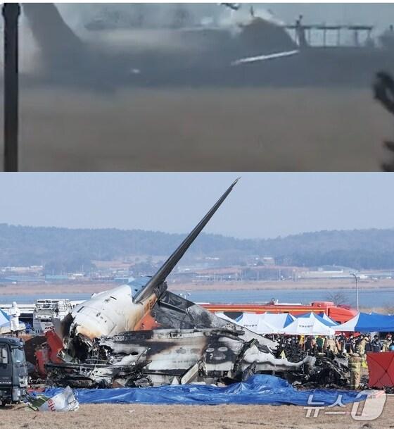 본문 이미지 -  29일 오전 9시 3분 무렵 무안공항에 동체착륙을 시도한 제주항공 2216편. 외벽에 부딪힌 뒤 산산조각 나버렸다. (제공=이근영 씨)  ⓒ News1 김성진 기자