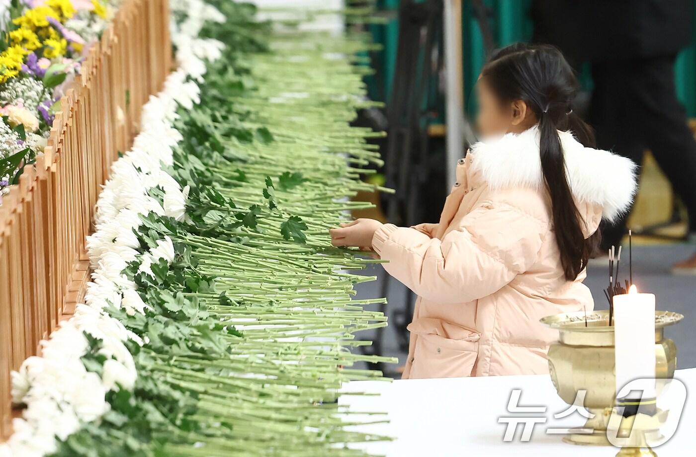 30일 전남 무안군 무안종합스포츠파크에 마련된 제주항공 여객기 사고 희생자 합동분향소에서 한 어린이가 헌화하고 있다. (사진은 기사 내용과 무관함) 2024.12.30/뉴스1 ⓒ News1 김민지 기자