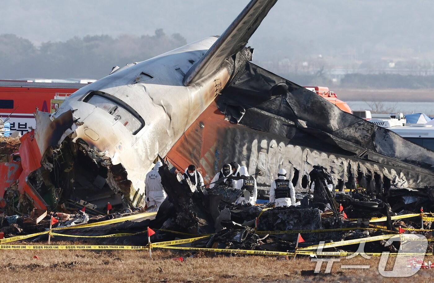 본문 이미지 - 전남 무안국제공항 제주항공 여객기 참사 현장에서 과학수사 경찰들이 현장 감식을 하고 있다. /뉴스1 ⓒ News1 김민지 기자