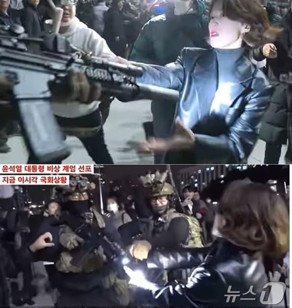 본문 이미지 -  4일 새벽 안귀령 더불어민주당 대변인이 국회에 진입한 계엄군을 향해 &#34;부끄럽지 않냐, 나가라&#34;고 항의하자 계엄군이 물러서면서 본능적으로 총구를 겨냥했고 이에 안 대변인이 총구를 잡고 흔들며 격력하게 반발했다. &#40;위=JTBC, 아래=오마이뉴스 갈무리&#41; ⓒ 뉴스1
