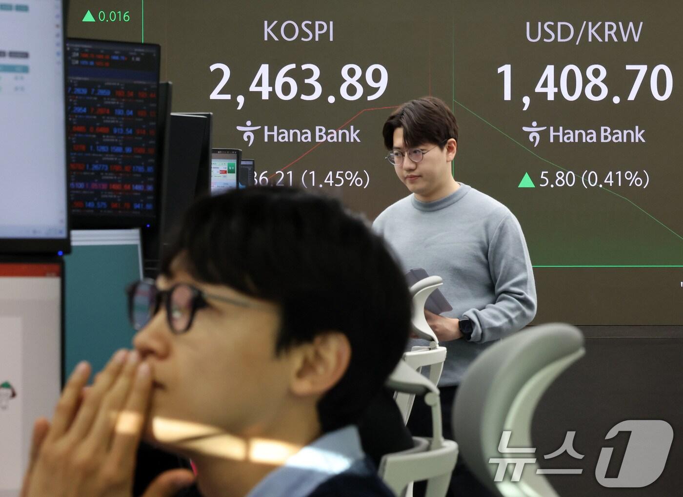 본문 이미지 - 윤석열 대통령이 간밤 비상계엄을 선포했다 국회에 막혀 계엄을 해제한 4일 오전 서울 중구 하나은행 본점 딜링룸 전광판에 코스피와 원·달러 환율 개장 시황이 표시되고 있다. 2024.12.4/뉴스1 ⓒ News1 이동해 기자