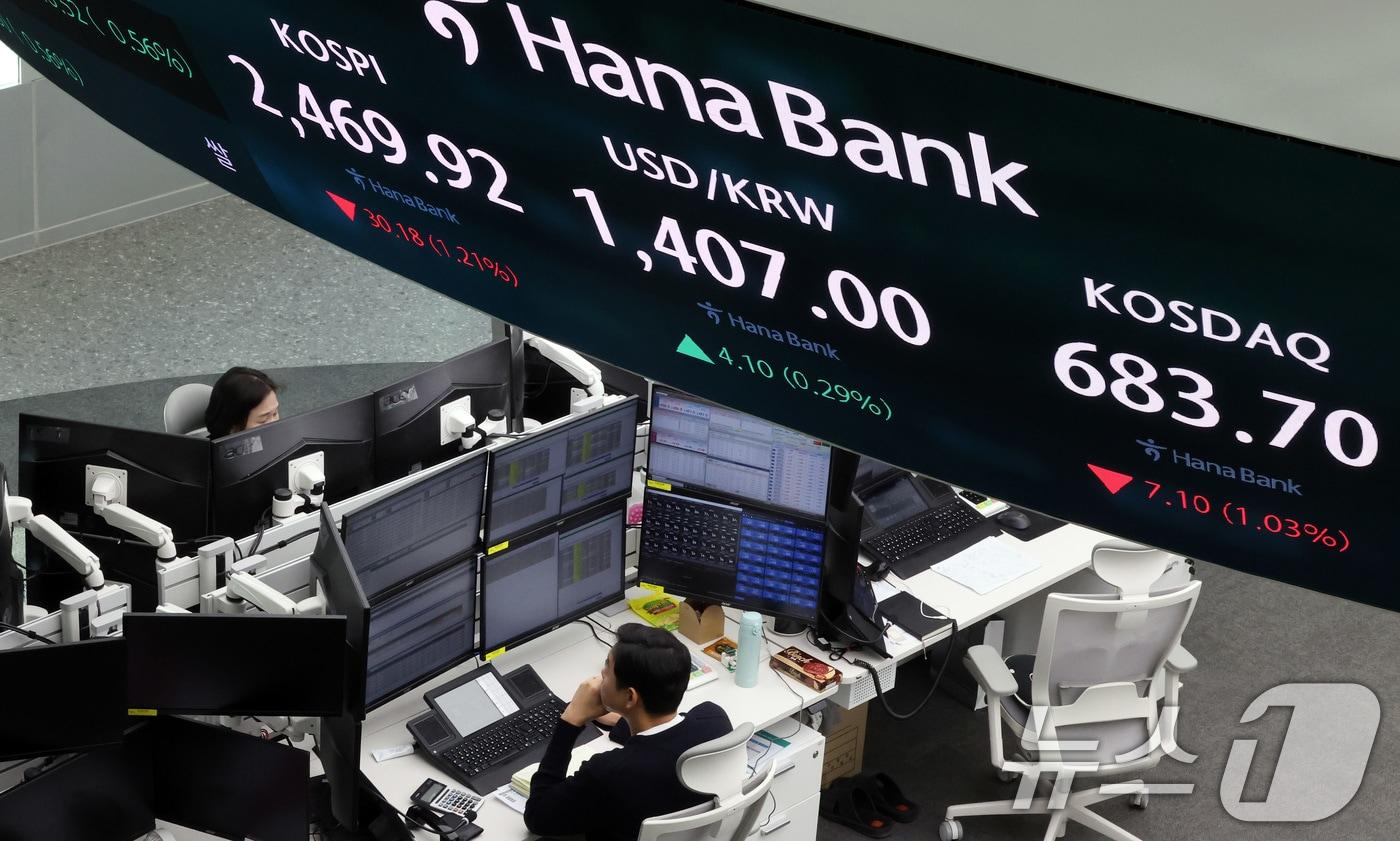 본문 이미지 - 윤석열 대통령이 간밤 비상계엄을 선포했다 국회에 막혀 계엄을 해제한 4일 오전 서울 중구 하나은행 본점 딜링룸 전광판에 코스피와 코스닥 원·달러 환율 개장 시황이 표시되고 있다.  2024.12.4/뉴스1 ⓒ News1 이동해 기자