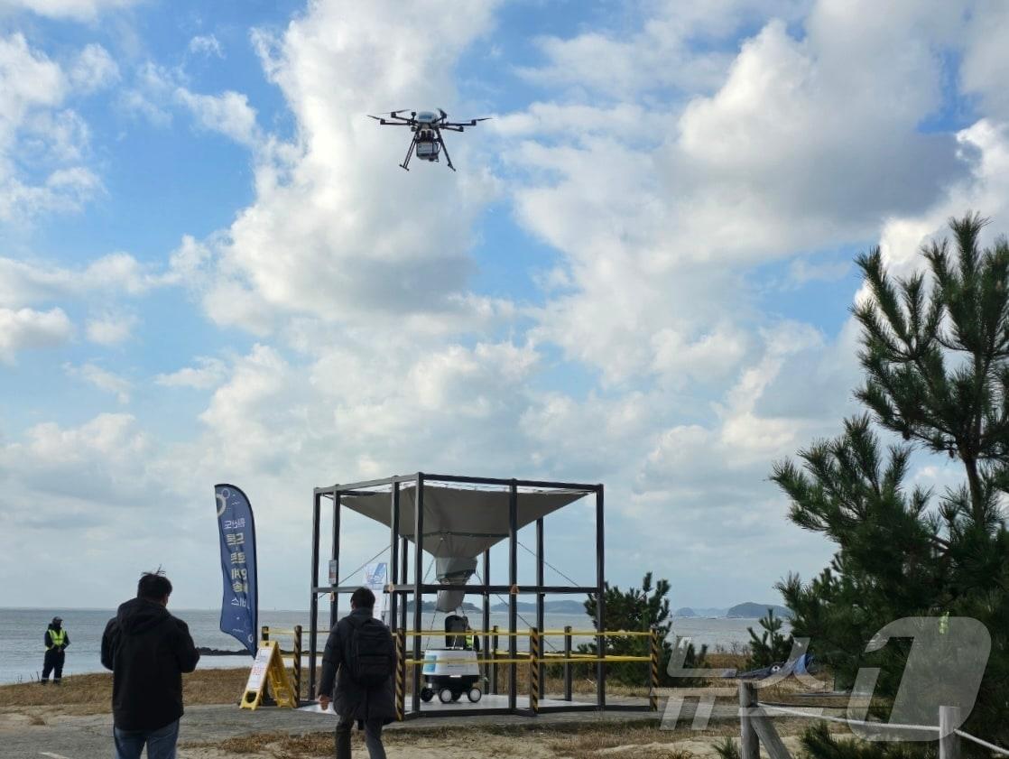 본문 이미지 - 5일 드론 배송서비스 시연회 모습. 드론이 물품을 전달하면 배달 로봇이 배달 장소로 물품을 배송한다. &#40;충남도 제공&#41; /뉴스1
