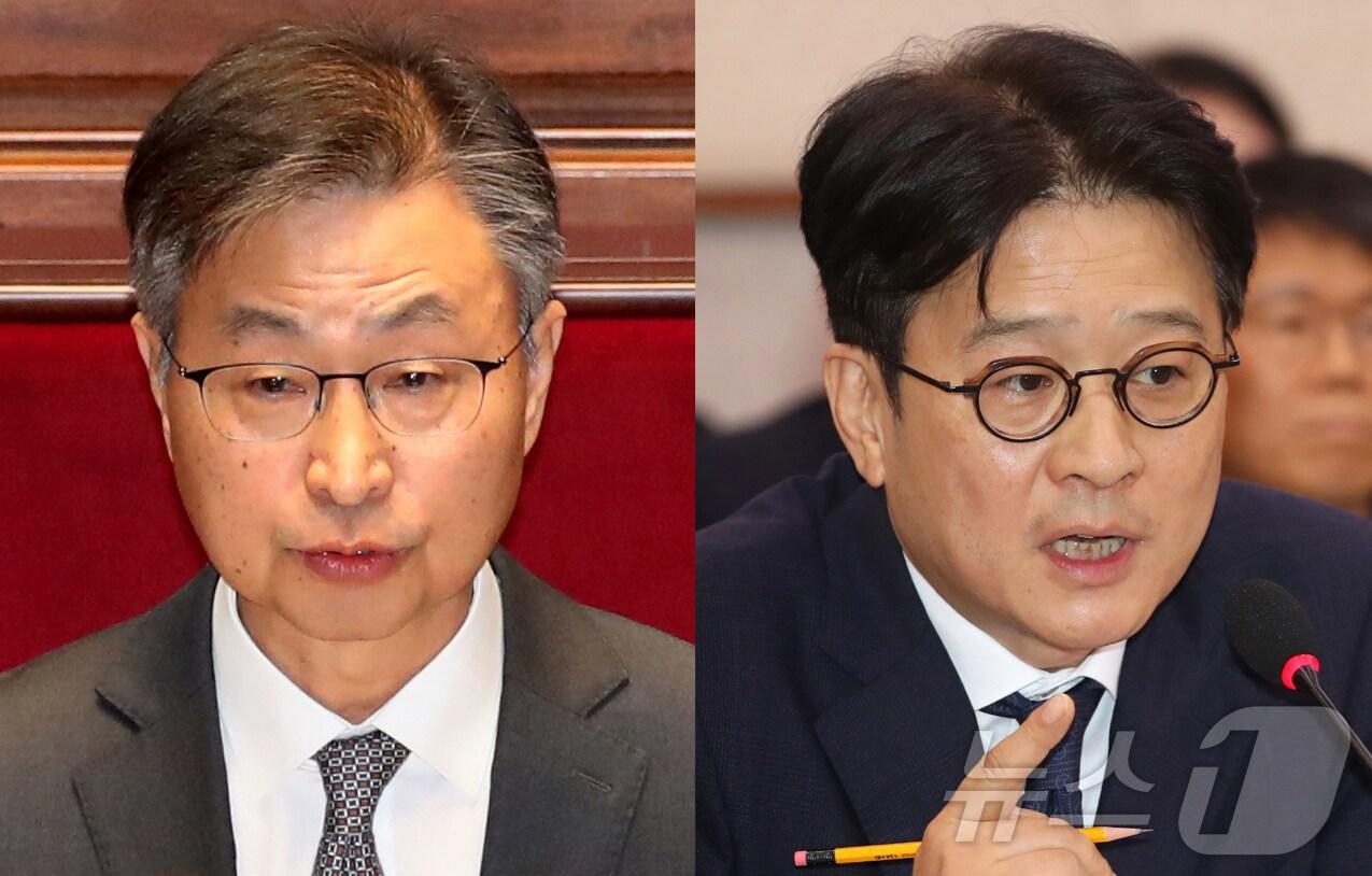 본문 이미지 - 최재해 감사원장(왼쪽)이 지난 11월 29일 서울 여의도 국회에서 열린 예산결산특별위원회 전체회의에 출석한 모습. 사진 오른쪽은 이창수 서울중앙지방검찰청장이 지난 10월 18일 서울 여의도 국회에서 열린 법제사법위원회의 국정감사에 참석한 모습. 2024.12.5/뉴스1