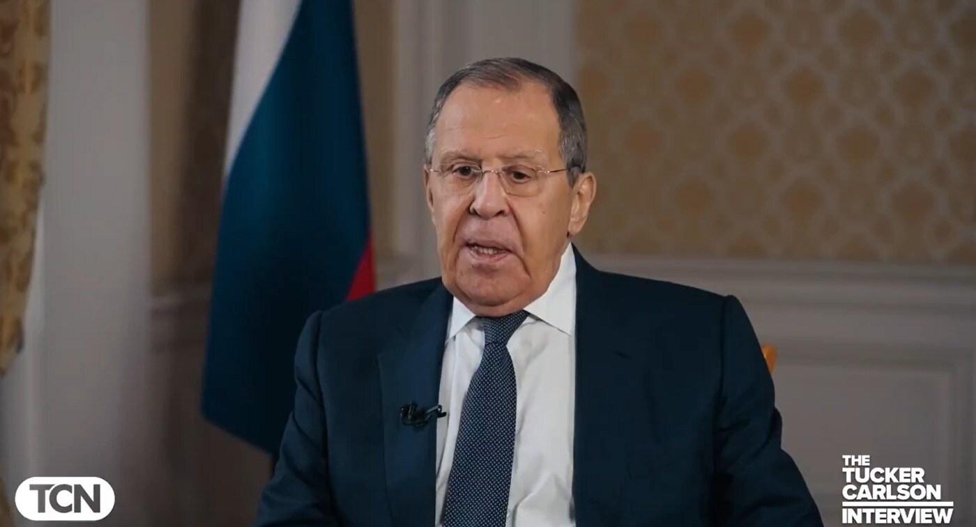 세르게이 라브로프 러시아 외무장관이 미 언론인 터커 칼슨과의 인터뷰에서 발언하고 있다. <출처= 터커 칼슨 엑스 갈무리>