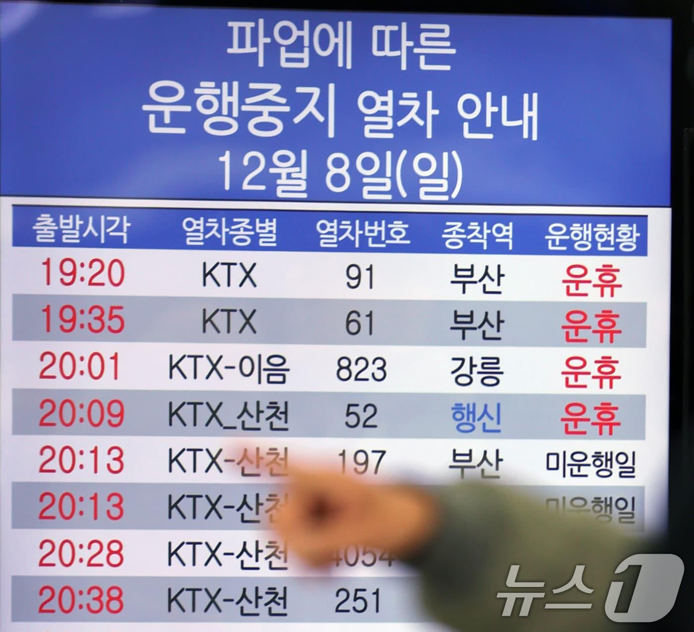 본문 이미지 - 서울역에서 시민들이 '파업에 따른 운행중지 열차 안내문'을 살펴보고 있다. 2024.12.8/뉴스1 ⓒ News1 황기선 기자