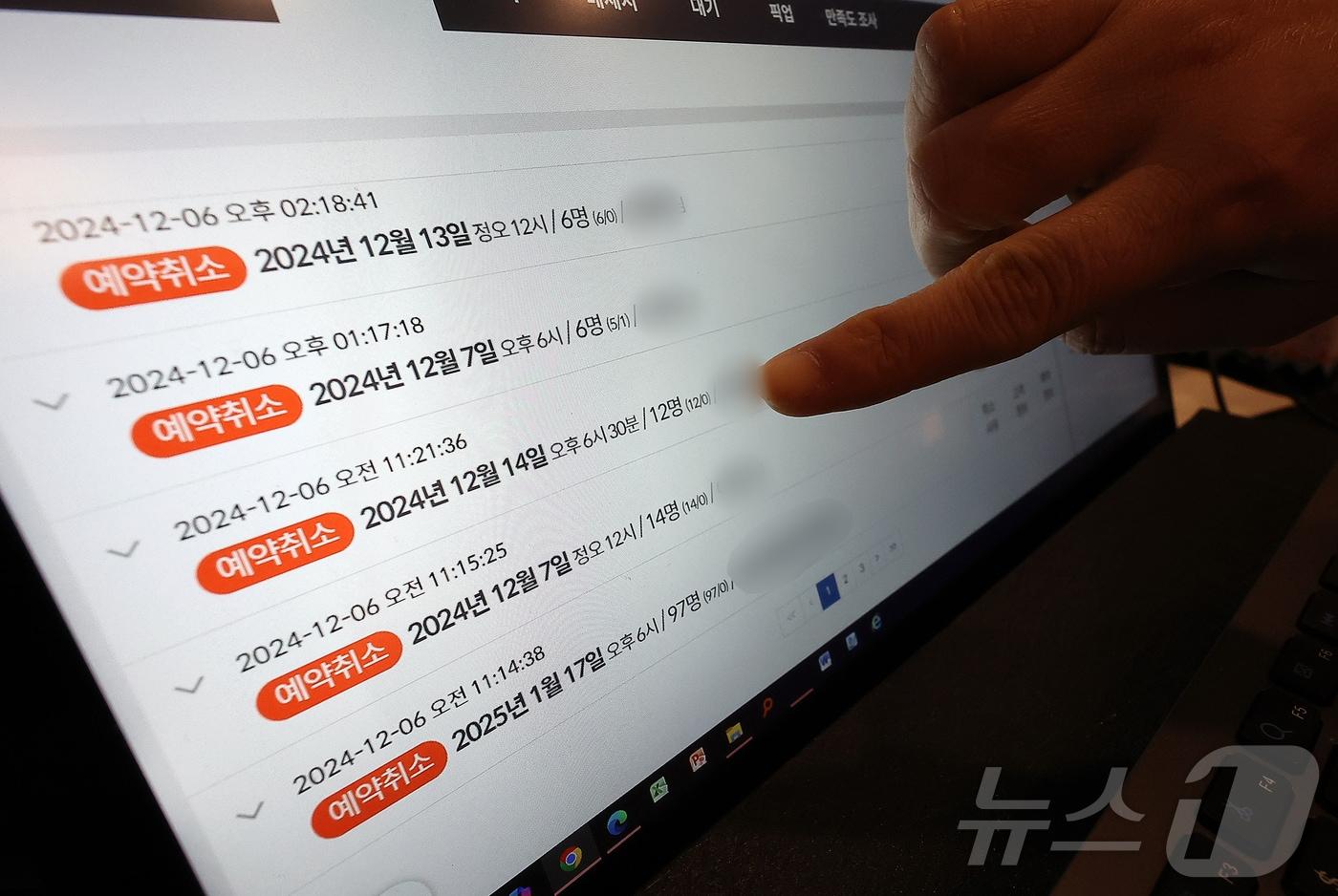 ‘12·3 내란사태’로 빚어진 윤석열 대통령 탄핵 정국이 장기화 할 수 있다는 우려 속 정치적 불확실성에 따른 소비심리 위축으로 식당 연말 예약이 줄줄이 취소되거나 연기되는 모습이다. 이런 가운데 연말 특수로 매출 증가를 기대하던 자영업자, 유통업계에선 불안한 국정이 소비 위축으로 번지진 않을까 노심초사하고 있다. 사진은 9일 오후 서울 시내 한 식당 예약 노트북에 예약취소 내역이 표시되어 있다. 2024.12.9/뉴스1 ⓒ News1 김진환 기자