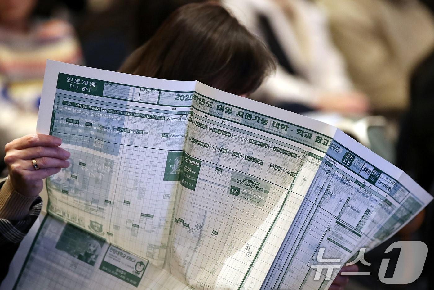 9일 오후 대구 수성구 그랜드호텔에서 열린 '2025학년도 정시모집 지원전략 설명회'를 찾은 학부모들이 현장에서 배부된 정시모집 대학지원 참고표를 꼼꼼히 살펴보고 있다. 2024.12.9/뉴스1 ⓒ News1 공정식 기자