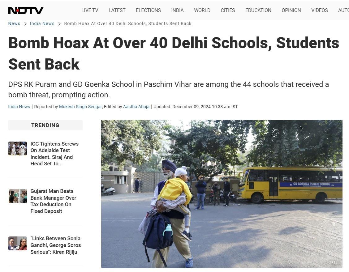 본문 이미지 - 인도 NDTV가 9일&#40;현지시간&#41; 보도한 폭탄 테러 위협 관련 보도 갈무리. &#40;출처 : NDTV&#41; 2024.12.09/