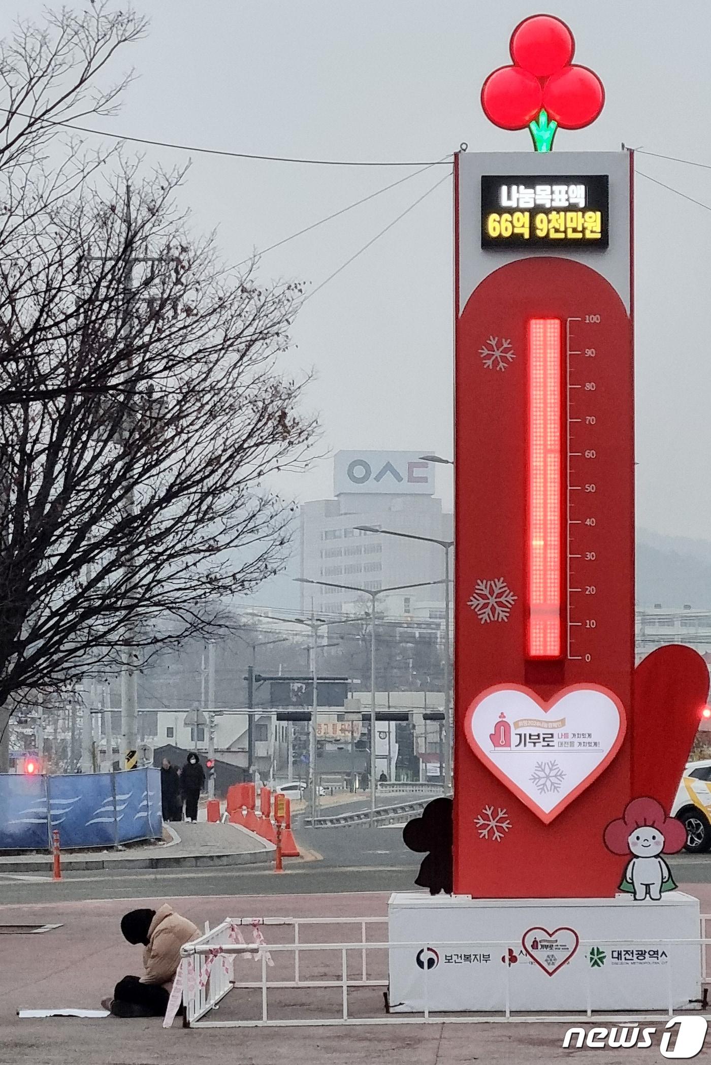 본문 이미지 - 2월 대전역 동광장에 설치된 사랑의 온도탑 모습.  ⓒ News1 김기태 기자