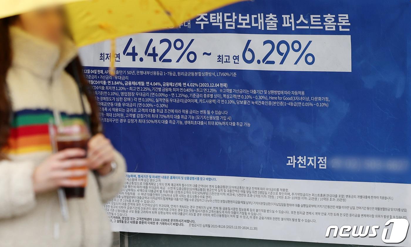 은행권 변동형 주택담보대출 금리 기준이 되는 코픽스(COFIX·자금조달비용지수)가 2개월 연속 하락한 15일 경기 과천의 한 은행 외벽에 대출 현수막이 걸려 있다. 이날 은행연합회는 지난달 신규 취급액 기준 코픽스가 3.66%를 기록해 전월 대비 0.18%포인트(p) 하락했다고 전했다. 2024.2.15/뉴스1 ⓒ News1 이동해 기자