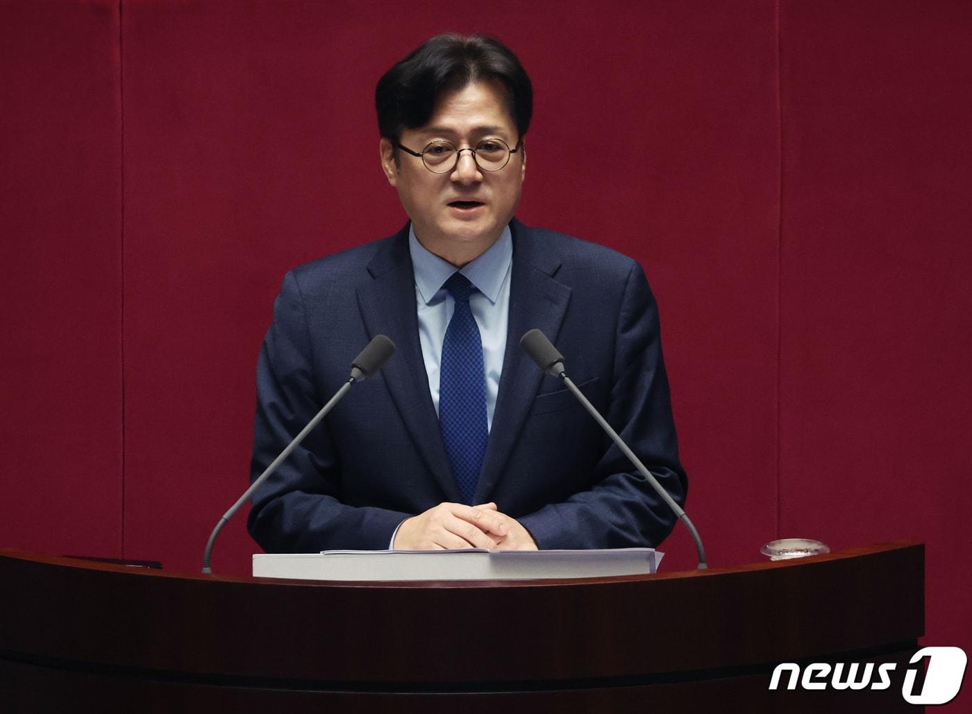 본문 이미지 - 홍익표 더불어민주당 원내대표가 20일 서울 여의도 국회 본회의장에서 열린 제413회 국회(임시회) 제2차 본회의에서 교섭단체 대표연설을 하고 있다. 2024.2.20/뉴스1 ⓒ News1 송원영 기자